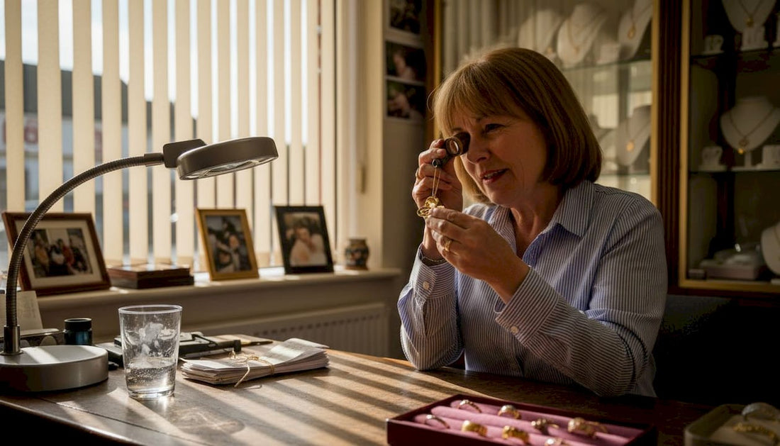 Jewellery manager examining gold with loupe