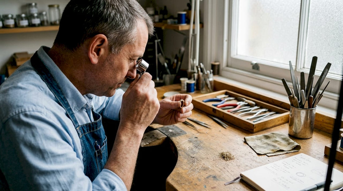 Jeweller resizing gold ring at workshop bench