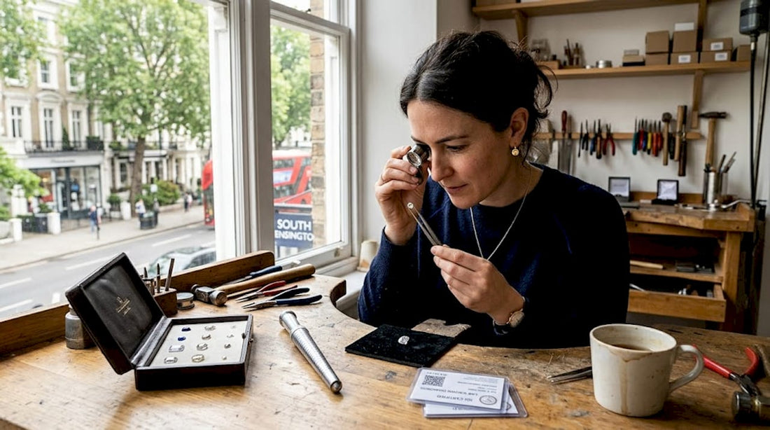 Jeweller inspecting lab diamond at studio workbench