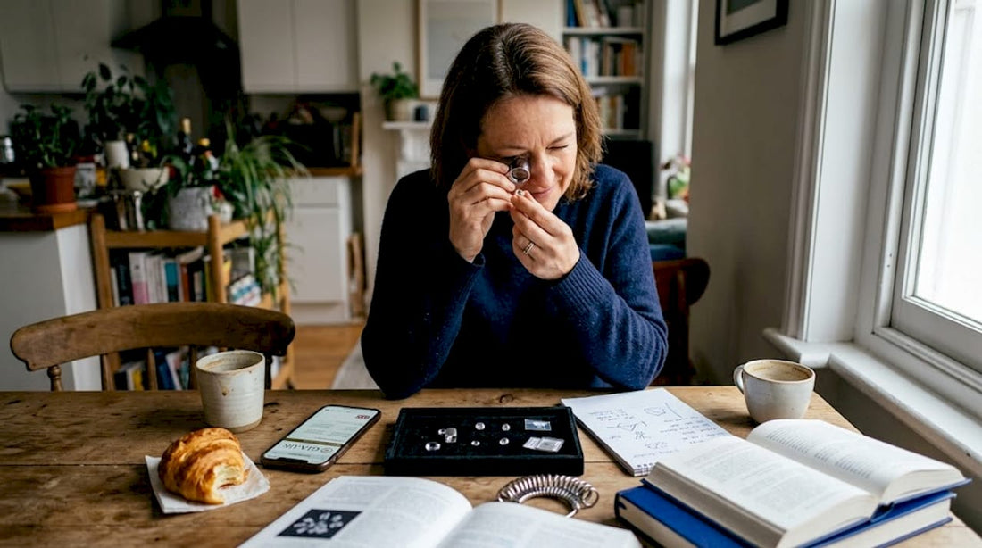 Woman comparing diamonds in UK home