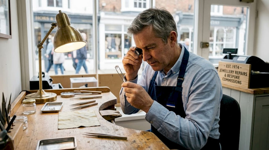 Jeweller inspects loose diamond on workbench