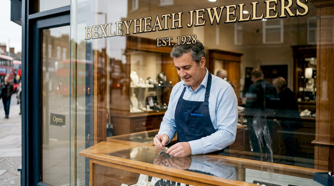 Jeweller adjusts ring in shop window display