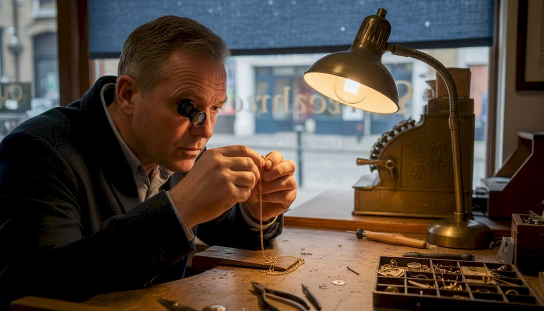 Jeweller inspecting gold chain repair at workbench