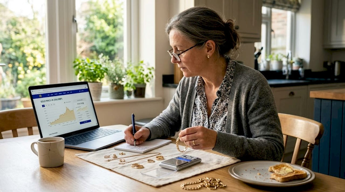 Woman comparing gold jewellery value at table