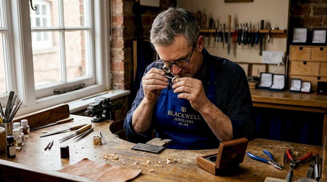Jeweller examines ring at wooden workbench