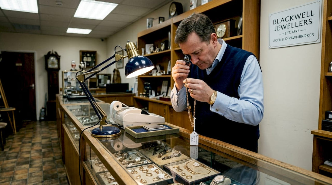 Jeweller examining necklace in Kent pawnbroker shop