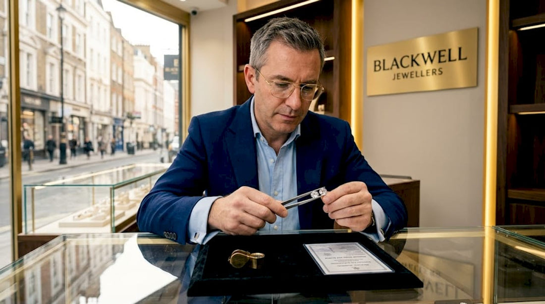 Jeweller compares mined and lab-grown diamonds at counter