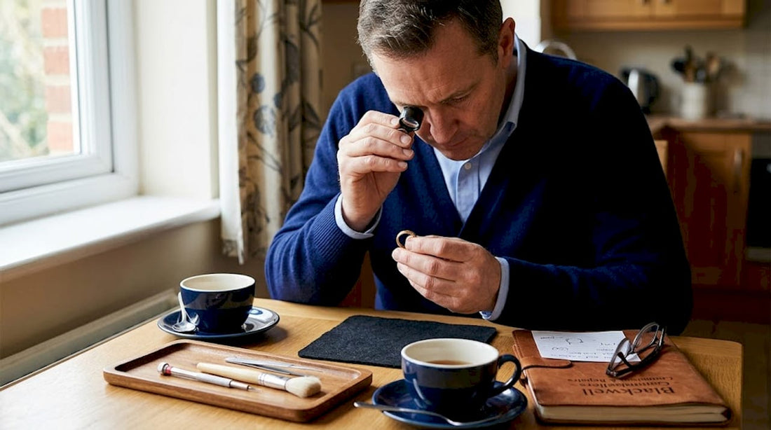 Jeweller inspecting damaged ring at kitchen table