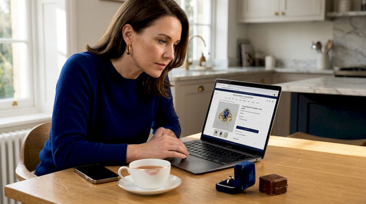 Woman researching vintage jewellery online at kitchen table