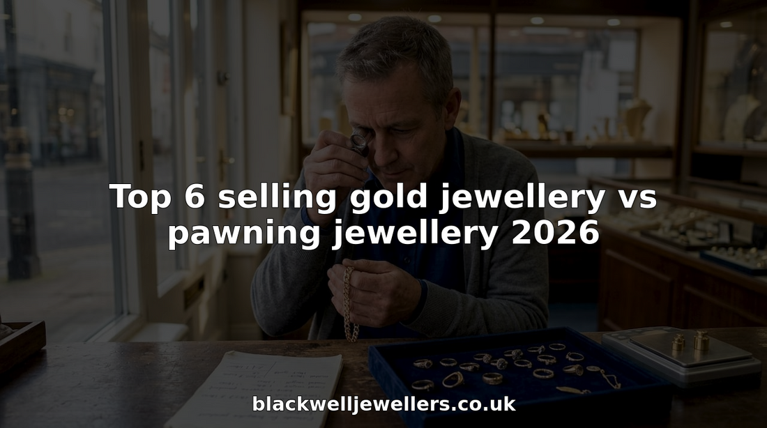 Jeweller examining gold jewellery at shop counter