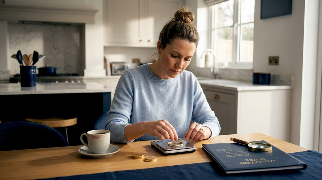 Woman weighing gold bracelet at kitchen table