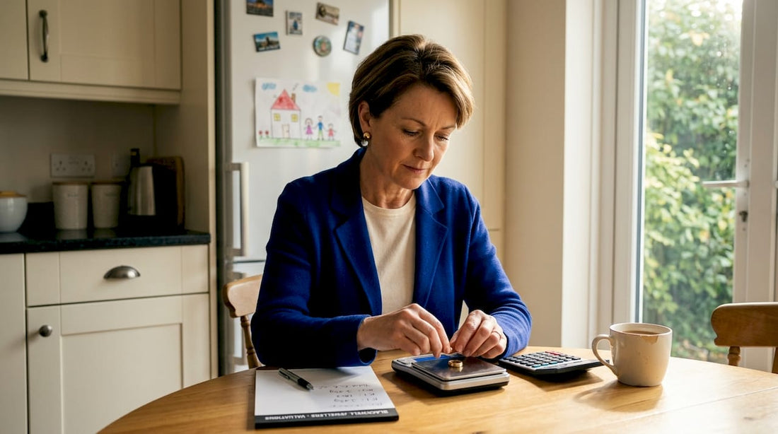 Woman weighing gold jewellery at home