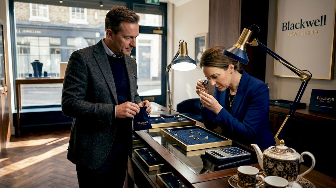 Man selling gold rings in UK jeweller’s shop