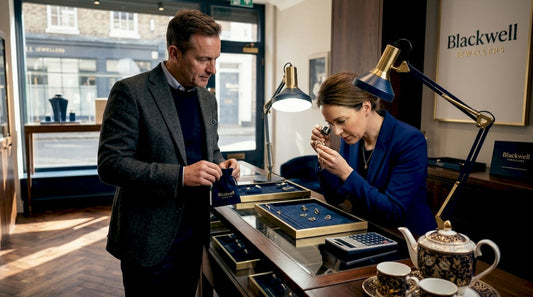 Man selling gold rings in UK jeweller’s shop