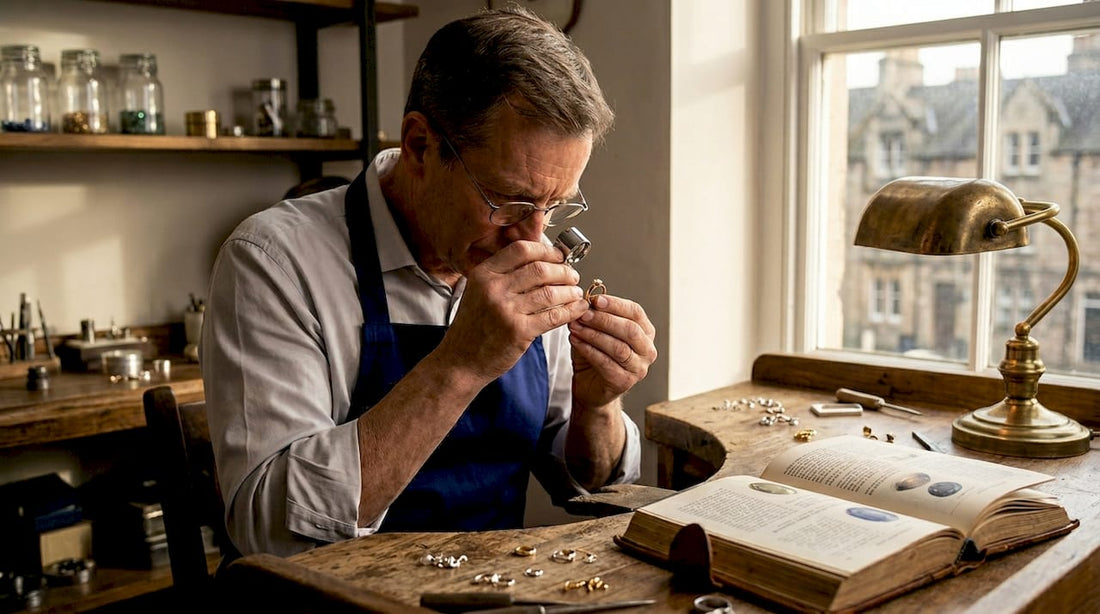 Kent jeweller examining ring at classic workbench