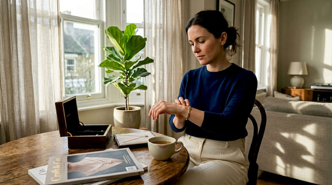 Woman comparing gold and silver jewellery at kitchen table