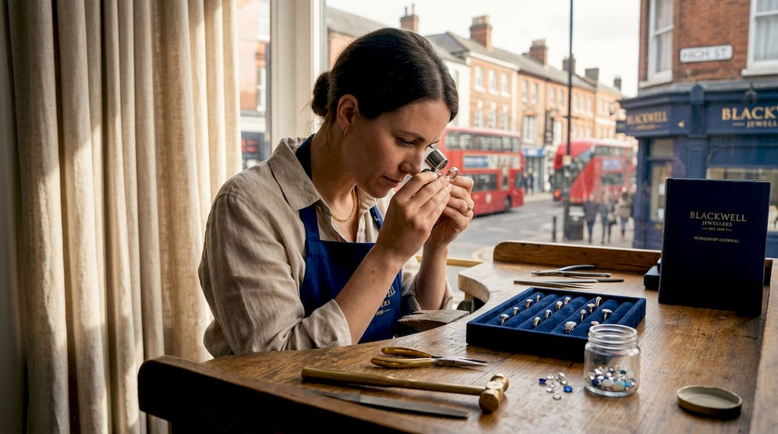 Jeweller inspecting white gold ring at workbench