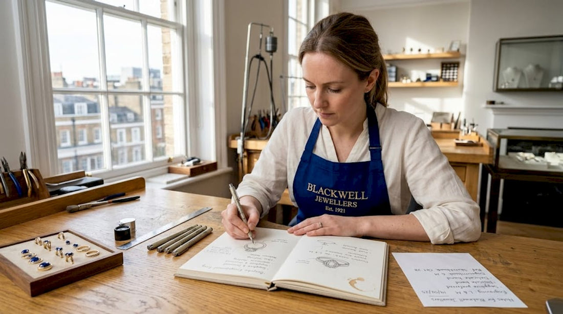 Jeweller sketching custom wedding ring design