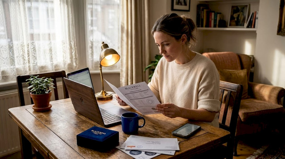Woman checking diamond report at home table