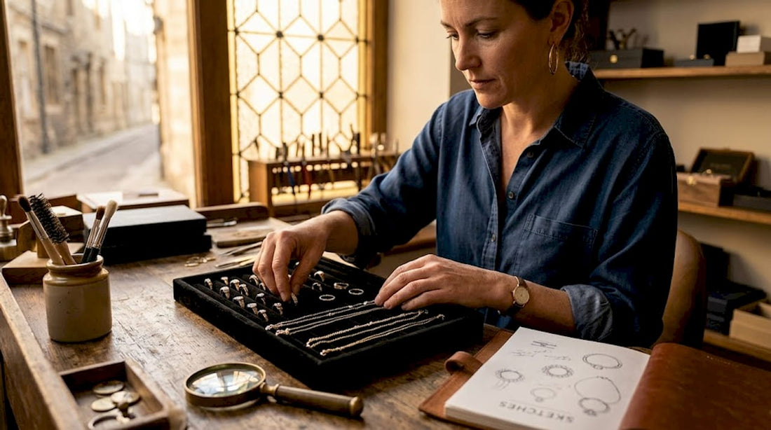 Jeweller sorting gold jewellery at desk
