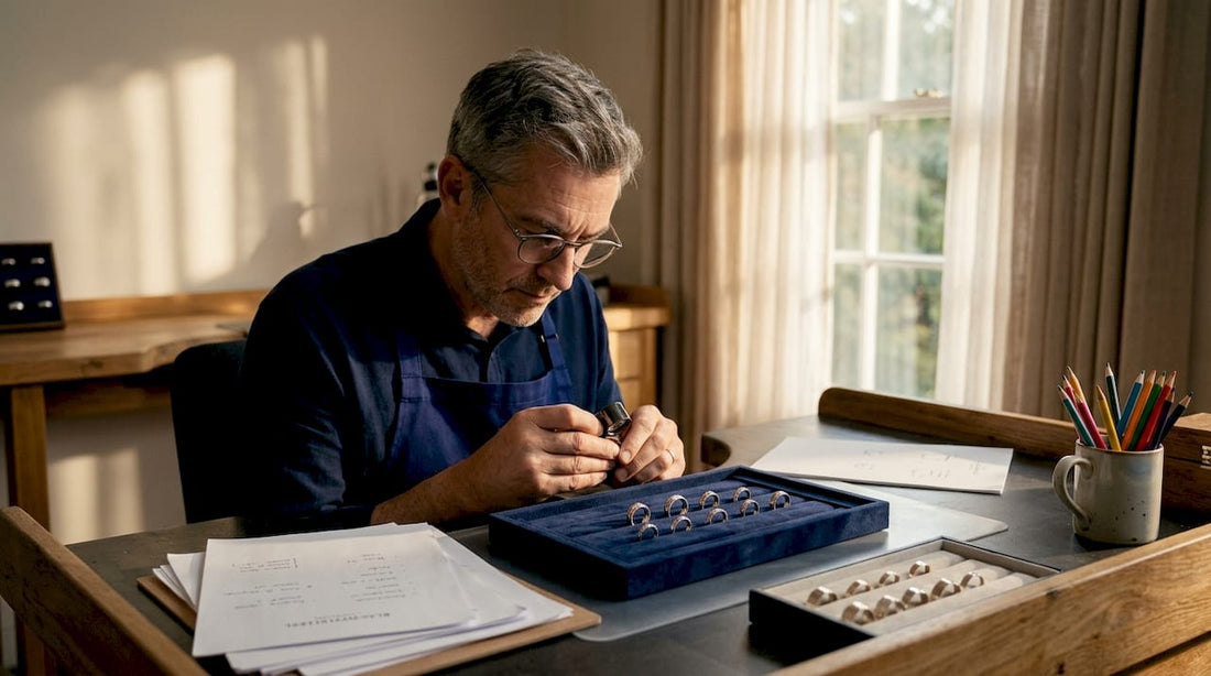 Jeweller examining wedding bands at workbench