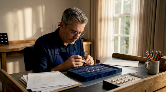 Jeweller examining wedding bands at workbench