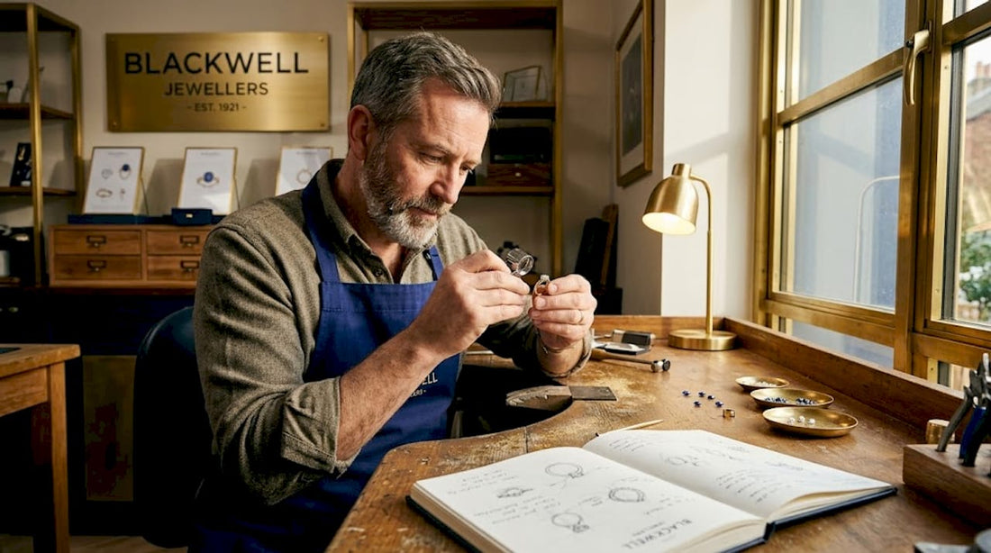 British jeweller inspecting gold ring at workbench