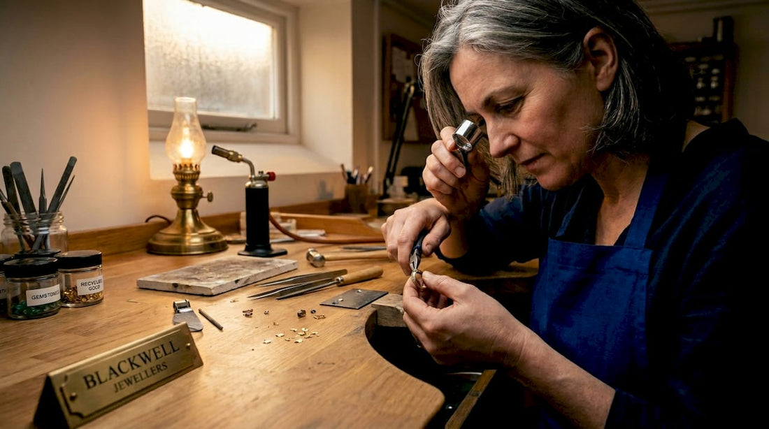 Jewellery artisan crafting at sunlit workbench