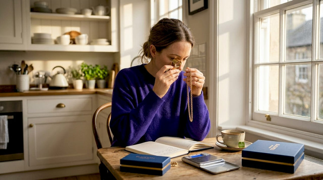 Woman examines gold jewellery at dining table
