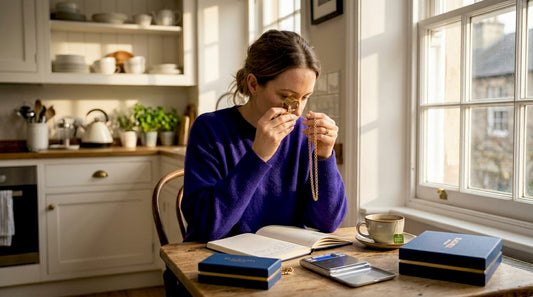 Woman examines gold jewellery at dining table