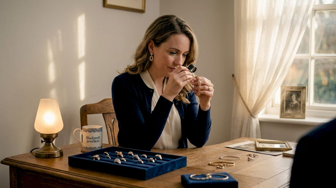 Jewellery appraiser inspecting vintage gold bracelet