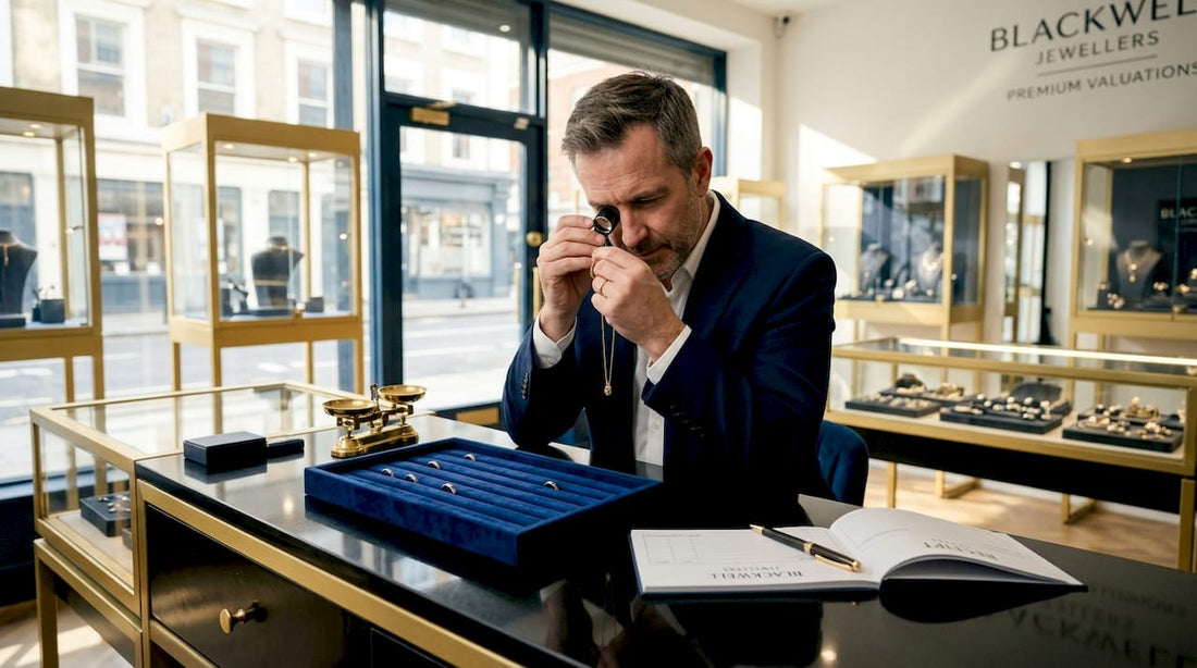 Pawnbroker evaluating gold in city shop