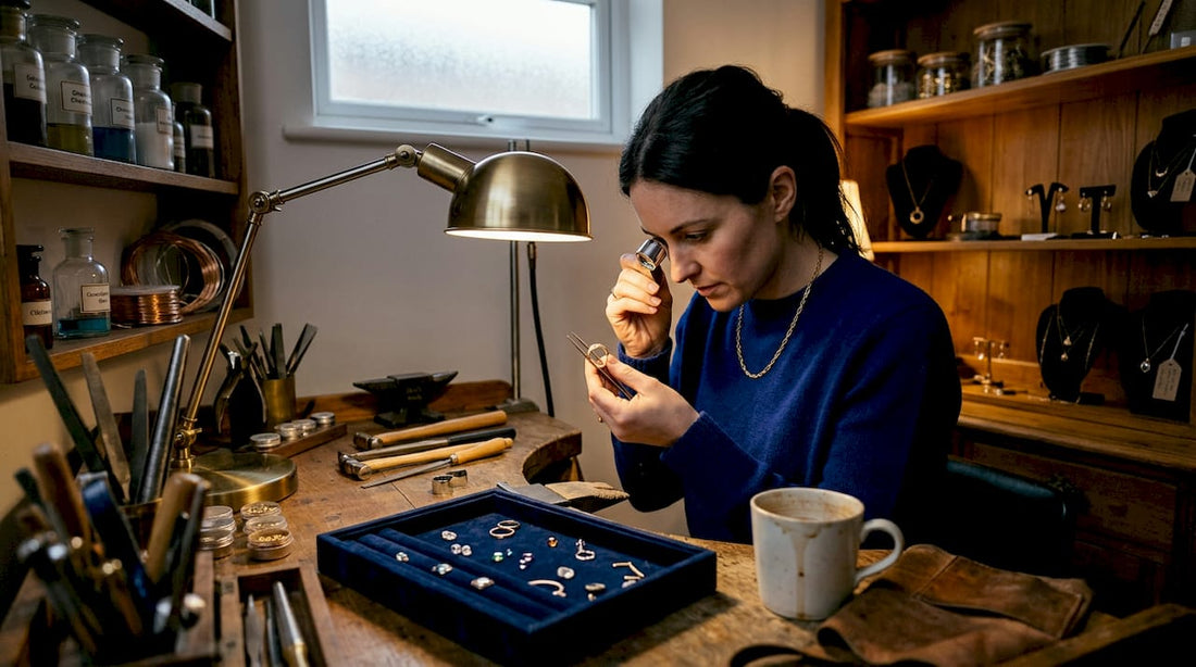 Jeweller inspecting platinum and gold rings