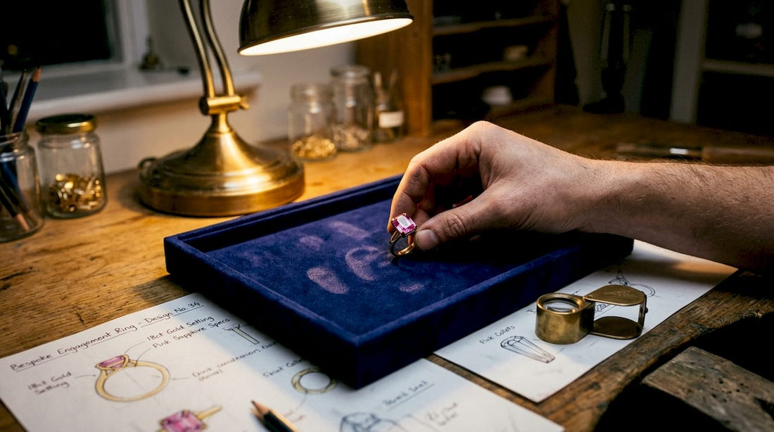 Jeweller sets pink sapphire ring on tray