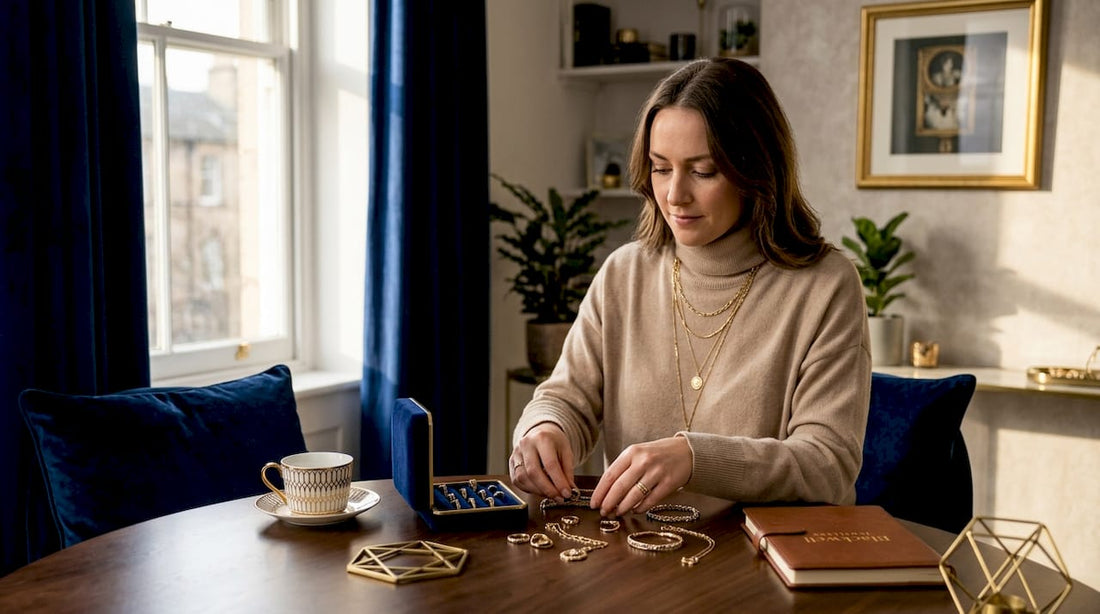 Woman arranging second-hand jewellery at home table