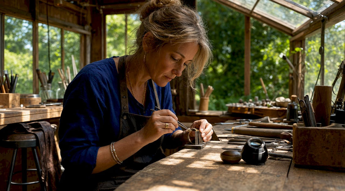 Jeweller repairing a gold ring in workshop