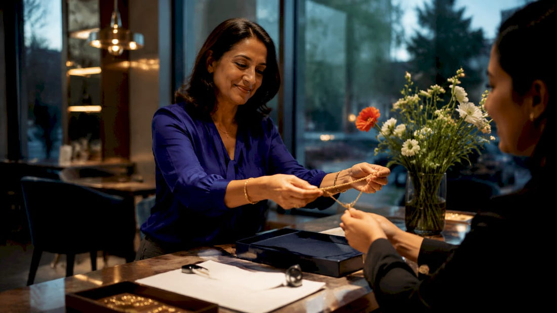 Woman pawning gold necklace at pawnshop counter