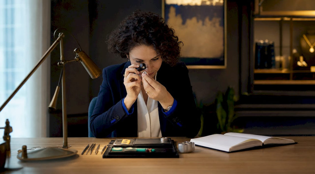 Gemologist examining lab-grown diamond in lab