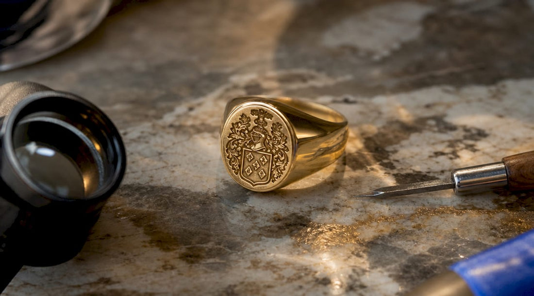 Close-up of engraved gold signet ring