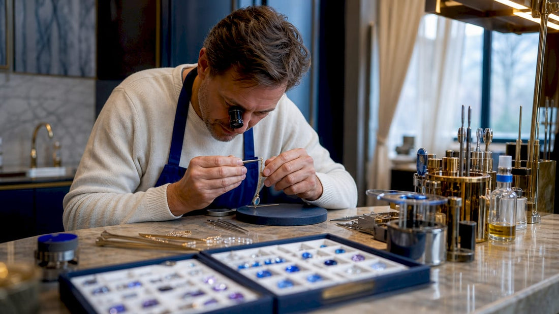 Close-up of jeweller repairing ring at workbench