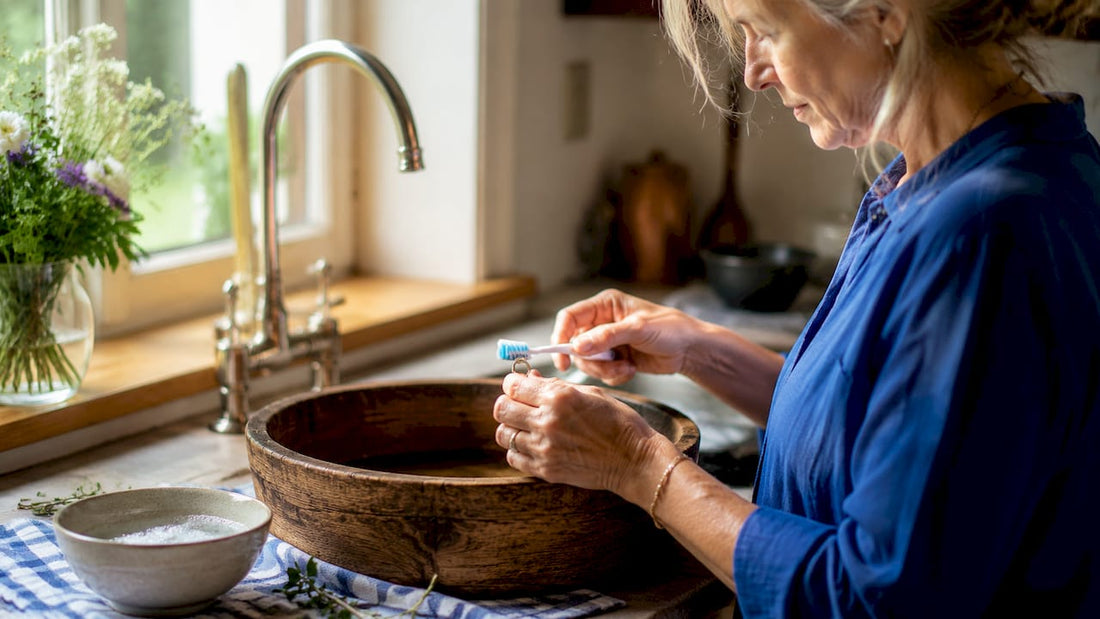 Hand cleaning gold ring with toothbrush at home
