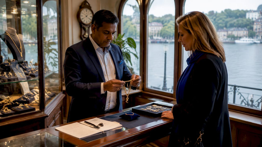 Jeweller evaluating gold necklace during pawnbroking