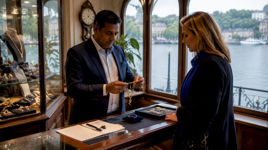 Jeweller evaluating gold necklace during pawnbroking
