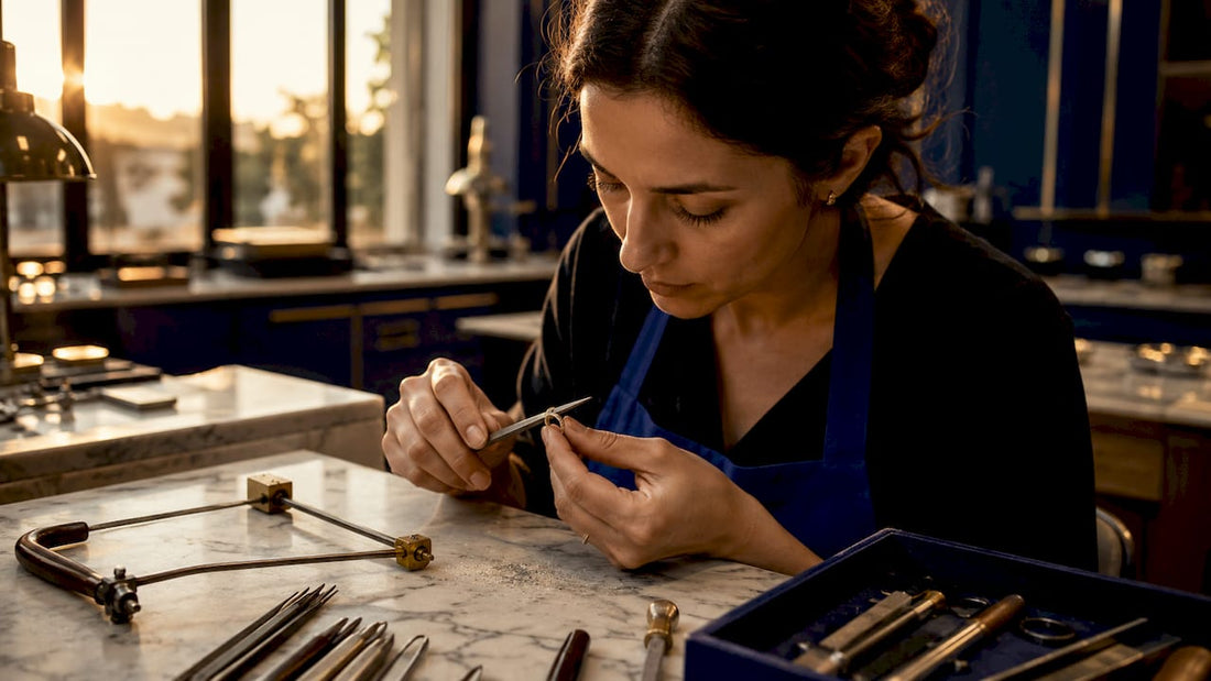 Artisan handcrafting silver ring in workshop