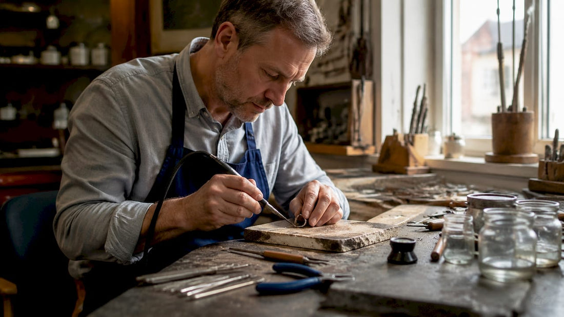 Jeweller resizing gold ring at workbench