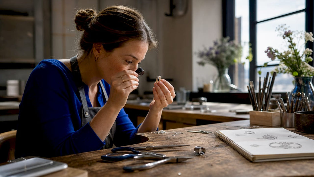 Jeweller examining custom engagement ring at workbench