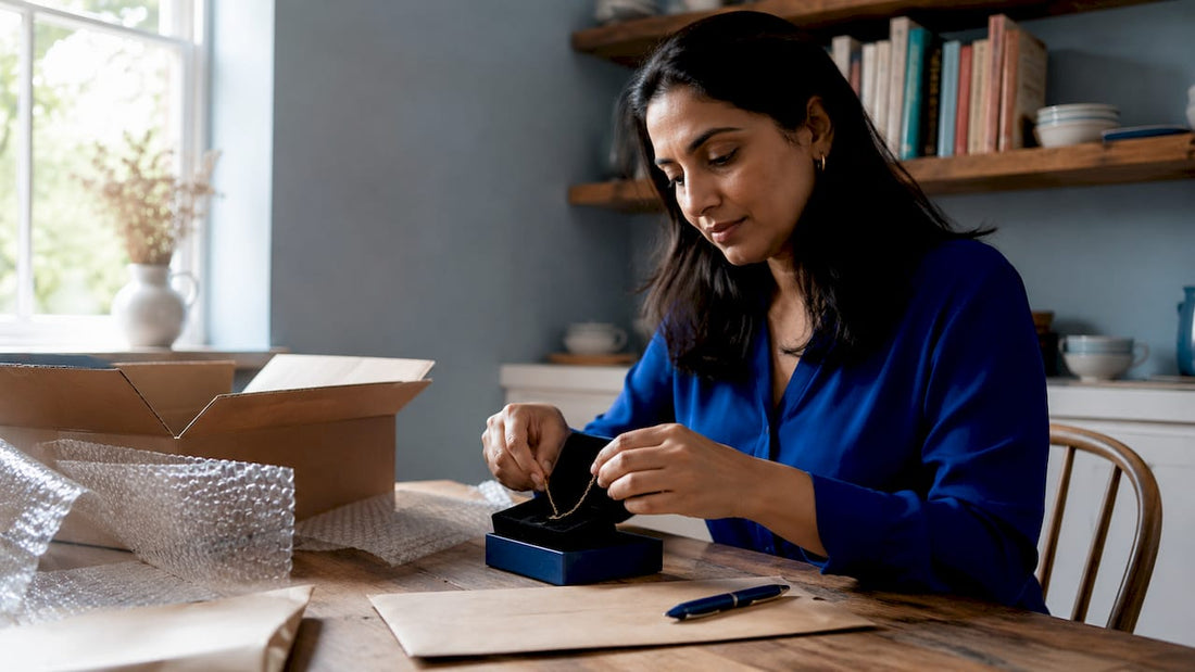 Person packaging jewellery carefully for mailing