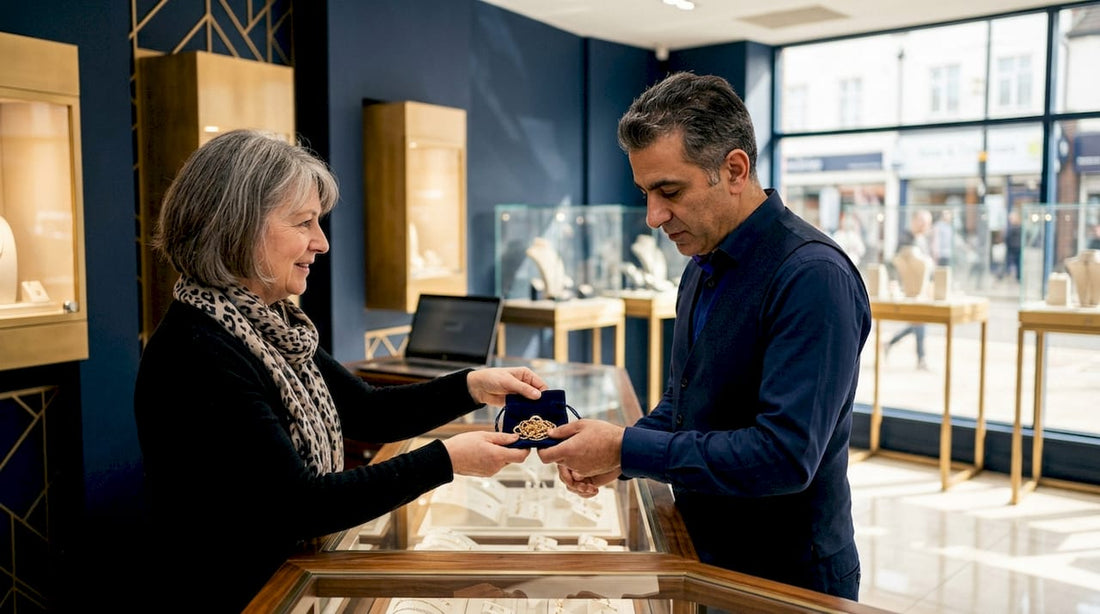 Customer selling gold to jeweler in shop