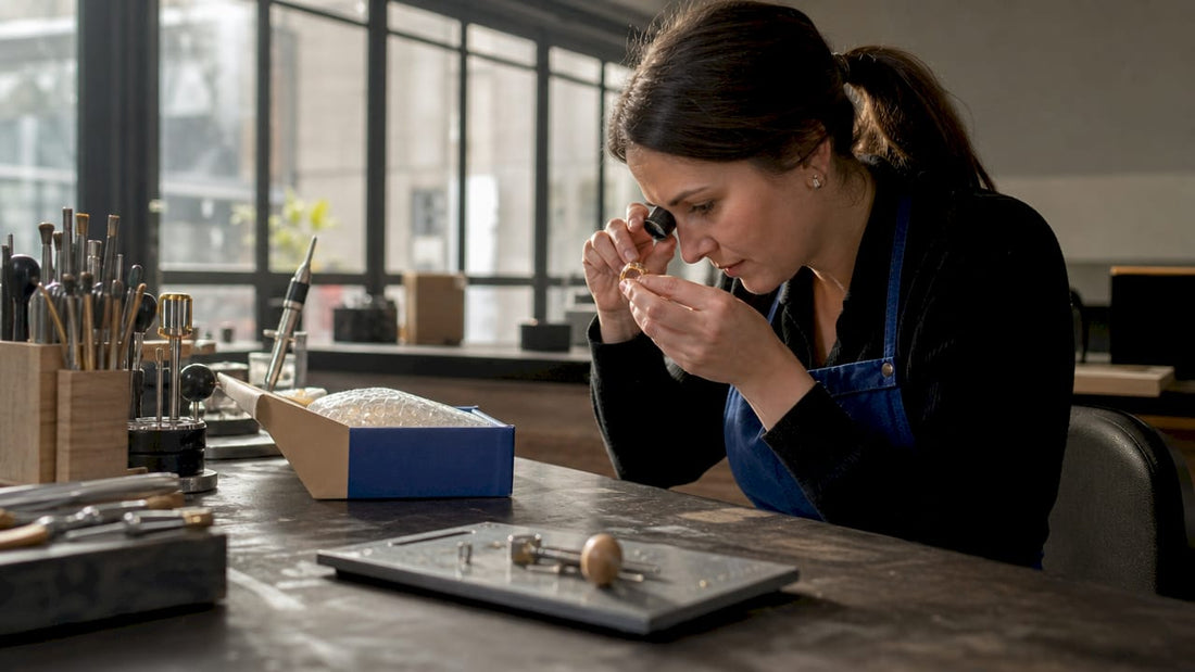 Jewellery craftsperson inspecting ring at workshop bench