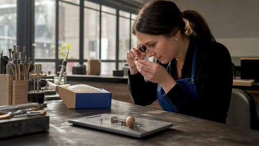 Jewellery craftsperson inspecting ring at workshop bench
